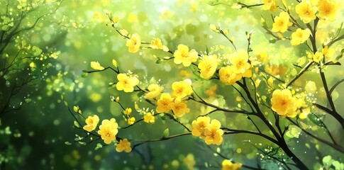 Obraz premium The garden, set amidst nature, is ablaze with colorful blooms of spring, creating a bright multicolored backdrop