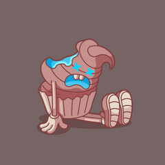 Sweet hero on the brink – worn-out and unhappy cupcake. Modern flat style thin line vector illustration isolated on brown background.