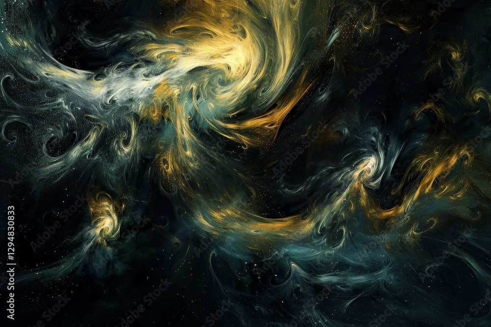 Poster a digital artwork with abstract swirls and patterns in golden and teal hues, creating a sense of mov