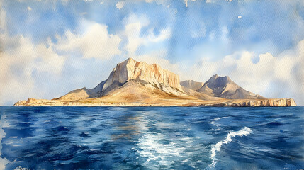Watercolor Mediterranean Island Mountainscape
