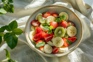 Bowl of healthy fresh fruit salad on white linen tablecloth top view