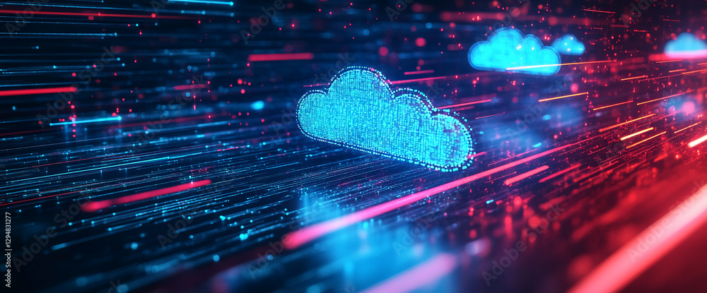 Poster Futuristic glowing digital cloud icons amidst a network of bright data lines and circuits, representing cloud computing, technology, and virtual storage in a high-tech environment.
