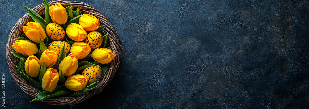 Poster colorful tulips and eggs display. a nest of yellow tulips surrounds decorative eggs on a dark textur
