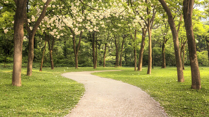 Obraz premium Winding path through blossoming park