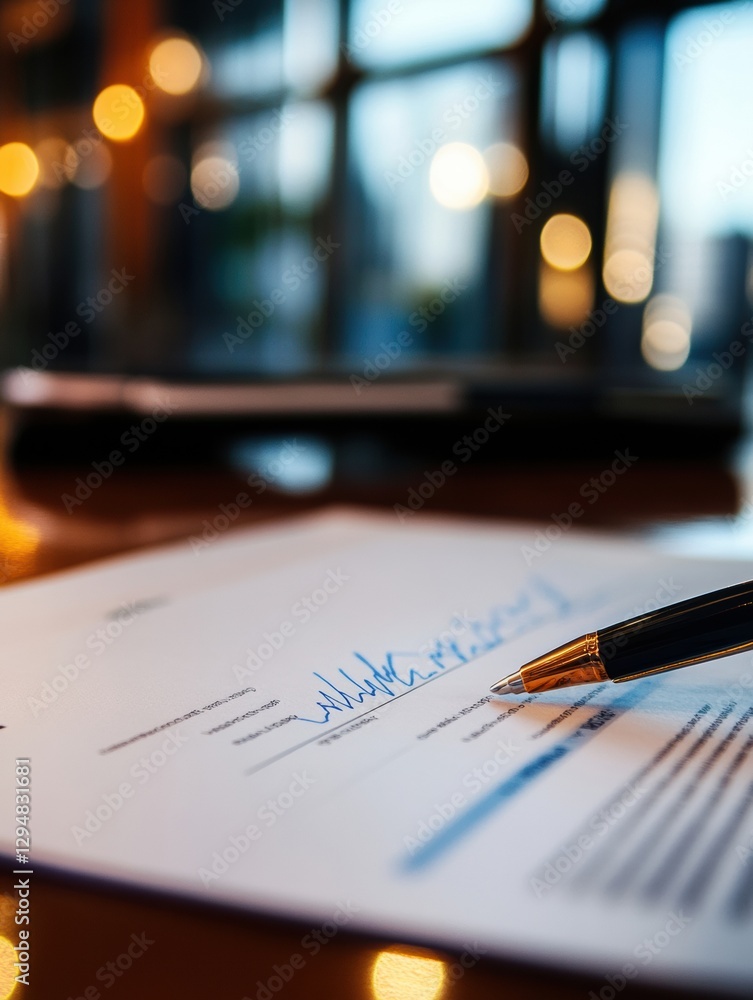 Poster document review in a modern workspace with warm lighting and a pen placed thoughtfully on a contract