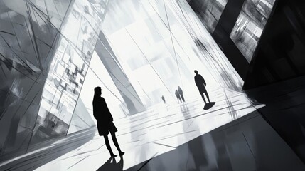 Monochrome Silhouettes in Abstract Architectural Space