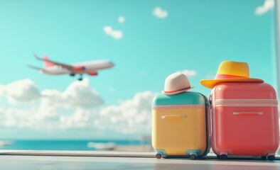 Suitcases, hats, airport, plane, departure, vacation, travel, summer, journey, holiday