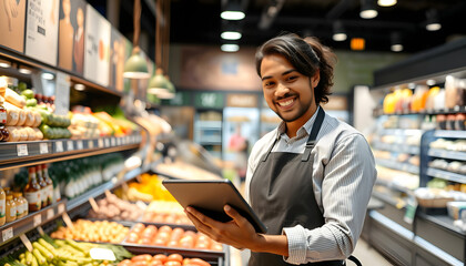 Professional shopkeeper in apron using tablet at delicatessen counter of modern grocery store. Warm smile conveys friendly service. Background shows variety of products, close-up. with white shades