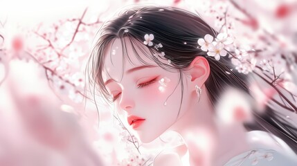 Beautiful woman with cherry blossom flower at full blooming in Spring.