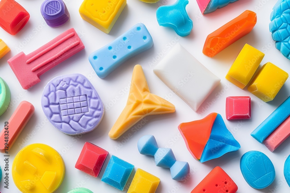 Poster A collection of colorful erasers in various shapes and sizes, An assortment of erasers in different shapes and sizes