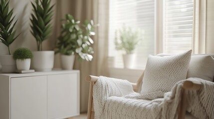 Cozy minimalist living room with knitted blanket and green indoor plants.