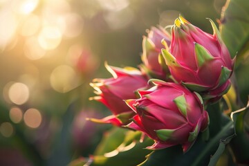 Obraz premium Ripe dragon fruit on a vine bathed in the warm glow of the setting sun, Dragon fruit