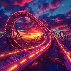 Obraz premium Electrifying roller coaster loops illuminated with neon hues picture