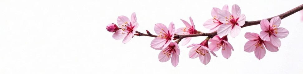 White background with isolated pink and white branches of Philadelphus flowers, closeup, branch