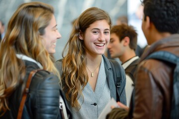 Students mingle and chat at a bustling university career fair, Students networking at a career fair