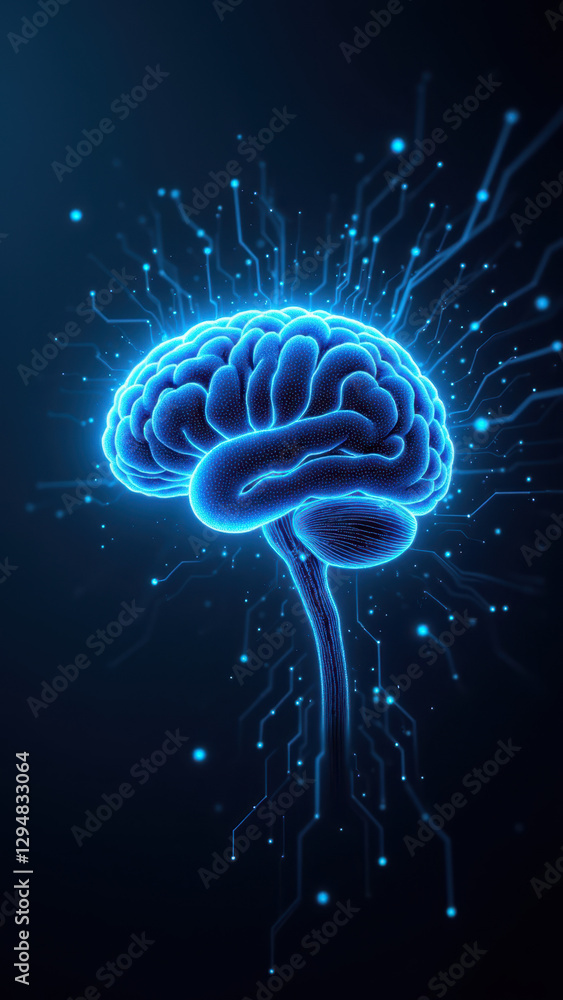 Poster a visually striking image featuring a human brain with futuristic energy emanating from it, symboliz