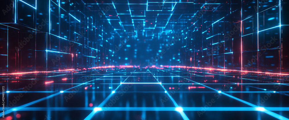 Poster A futuristic digital grid glowing with blue and red neon lights, creating an abstract virtual space, symbolizing advanced technology and data transfer in cyberspace.