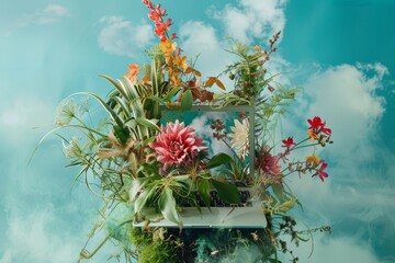 A laptop computer appears to be growing out of a lush bouquet of flowers against a blue sky, A surreal composition of a laptop merging with nature elements like plants and flowers
