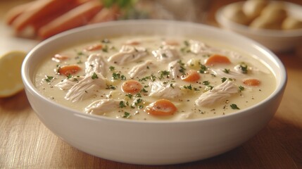 Creamy chicken soup in bowl, ingredients nearby, steaming