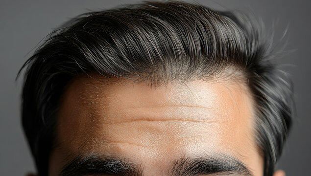Textured hair on man's head. A man with dark, well-groomed hair showcases a clean hairline and smooth forehead in an indoor setting.