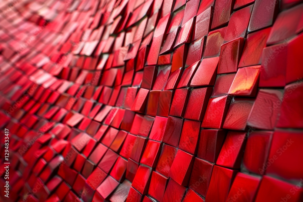Poster a close-up view of a red pixelated mosaic wall, showcasing a unique and textured design, red pixelat