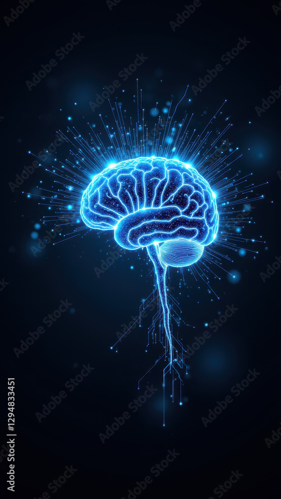 Poster an artistic representation of artificial general intelligence with a human brain surrounded by digit