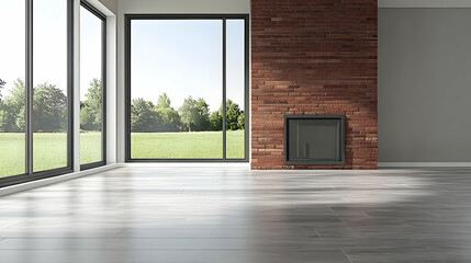 Obraz premium Modern Room with Brick Fireplace and Large Windows 3D Illustration