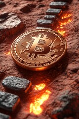 A close-up of a Bitcoin coin resting on a textured surface with rover tracks and glowing elements in the background