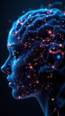 Image depicts a human head with an overlay of artificial neural networks or AGI, symbolizing the concept of Artificial General Intelligence.