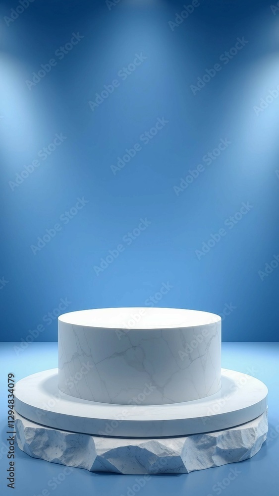 Poster white marble stone cylinder podium shelf display product platform on 3d blue background of empty mod