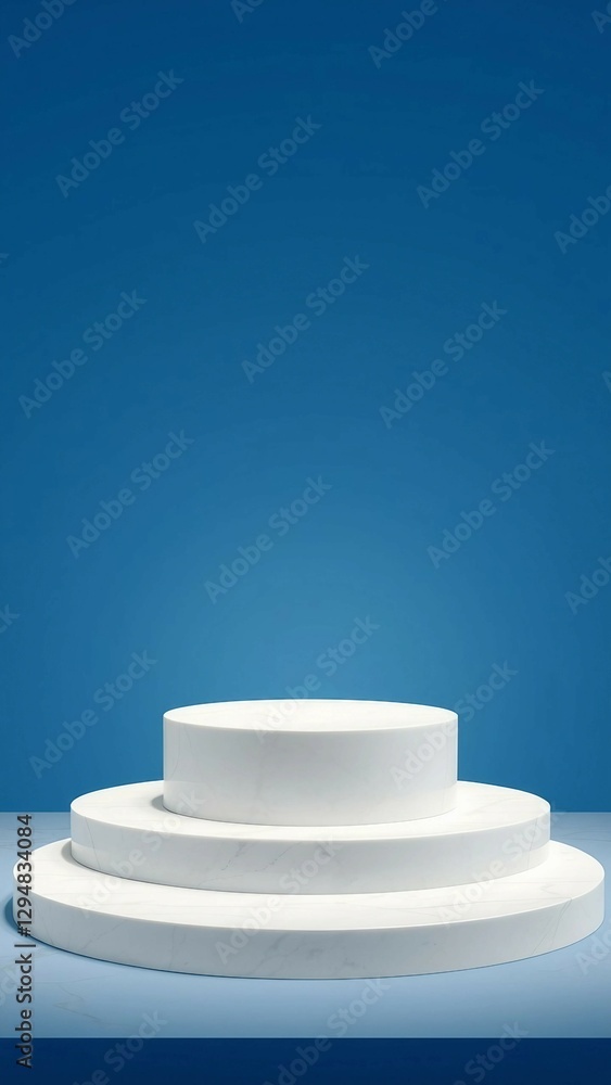 Poster white marble stone cylinder podium shelf display product platform on 3d blue background of empty mod