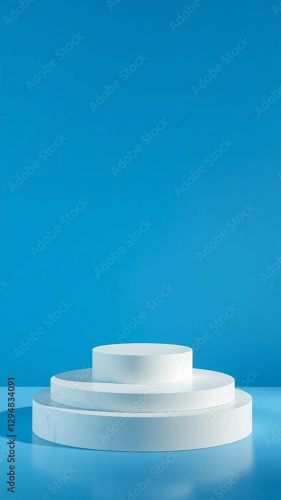 Poster white marble stone cylinder podium shelf display product platform on 3d blue background of empty mod