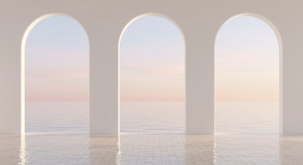 Serene seascape vista framed by minimalist white arched architecture