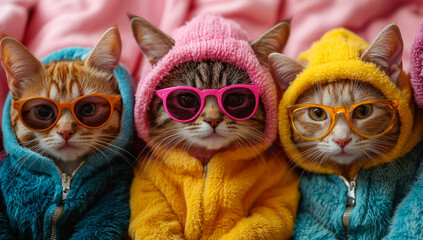 Fototapeta premium Colorful cats in hoodies. Three adorable cats wear bright hoodies and stylish glasses, sitting closely together on a soft pink blanket.