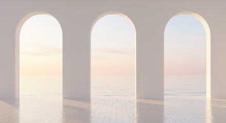 Serene seascape view through symmetrical arched windows architecture