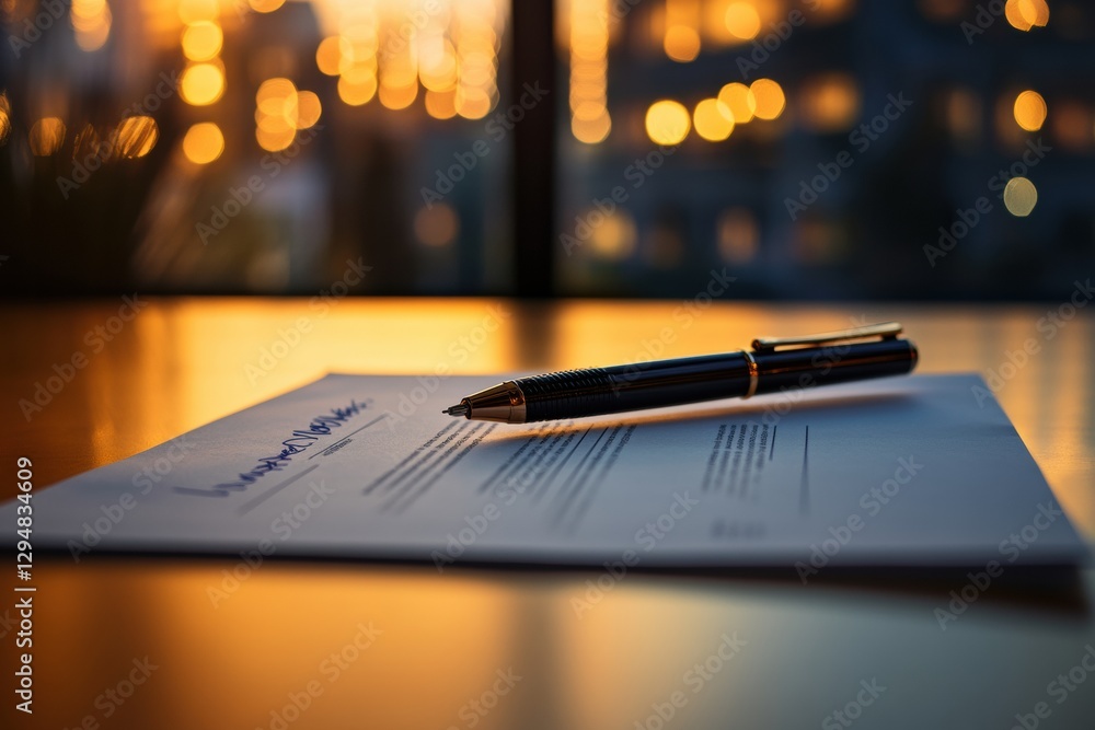 Poster elegant pen resting on a signed document during a golden sunset in an urban setting. generative ai