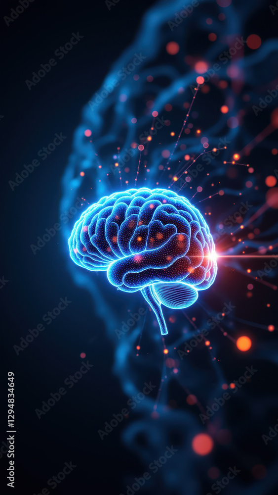Poster this is a 3d rendered illustration of a human brain with an overlay of digital circuitry and particl