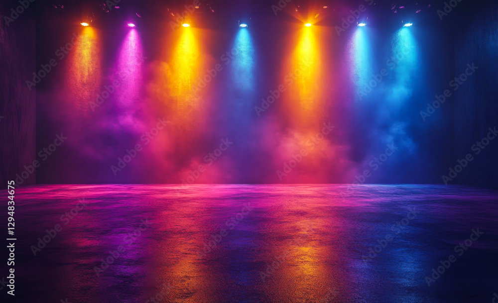 Poster colorful light display in a dark room. bright colored lights illuminate a dim, empty space with a mi