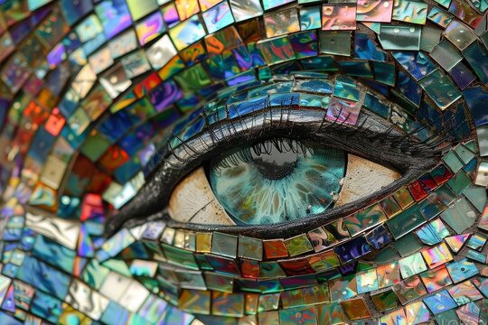 A close-up of a mosaic eye made from recycled compact discs, Turning old CDs into a mosaic design - Powered by Adobe