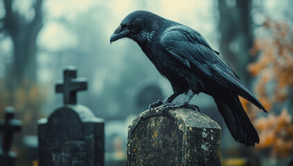 Fototapeta premium Raven on gravestone in fog. A raven sits quietly on a gravestone, surrounded by fog and headstones in a somber, eerie cemetery setting.