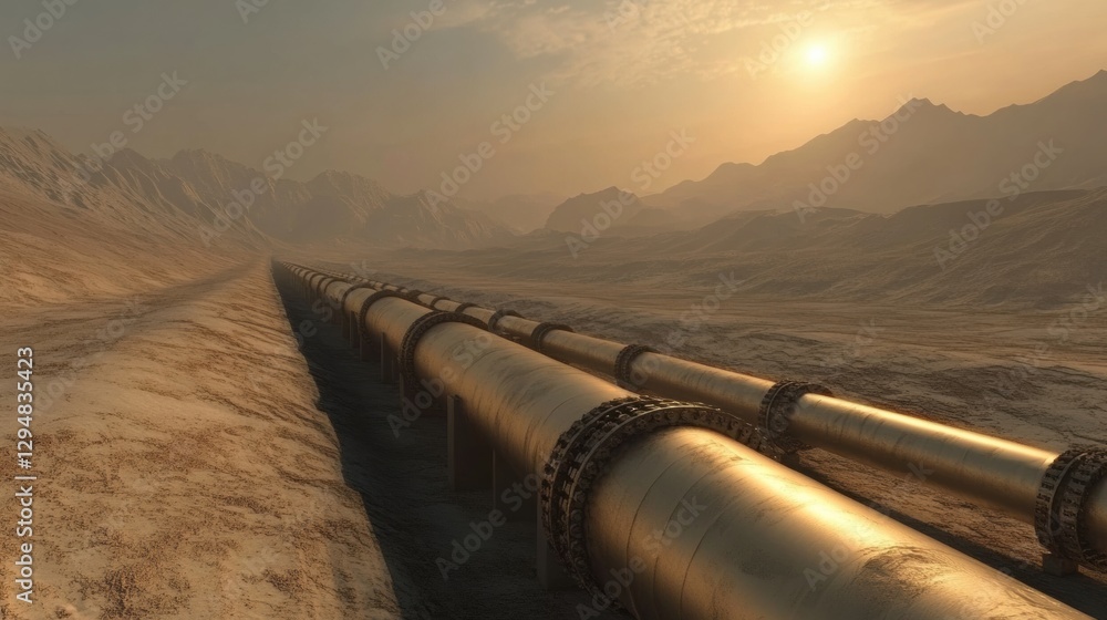 Poster long pipelines extend into the horizon, highlighting industrial design and metallic textures in a ru
