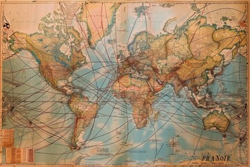 An antique world map illustrating global trade routes, with lines representing topaz connections, A world map with interconnected lines representing trade routes