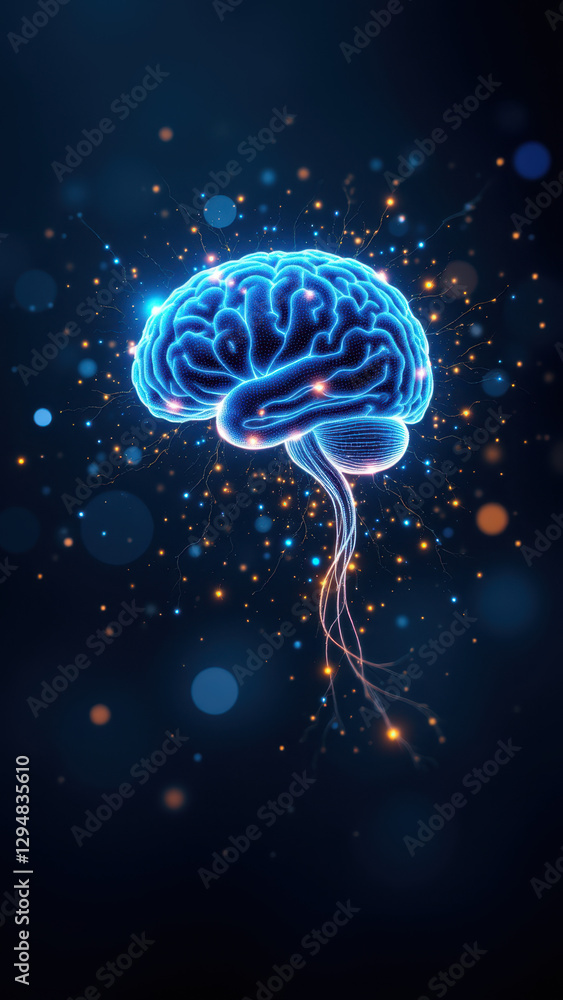 Poster a colorful representation of artificial general intelligence with a central brain graphic surrounded