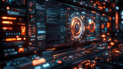Futuristic Control Panel with Neon Lights and Data Visualization