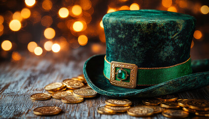 Traditional St. Patrick's Day!. A green leprechaun hat sits on rustic wood with gold coins scattered around, creating a festive atmosphere for St.