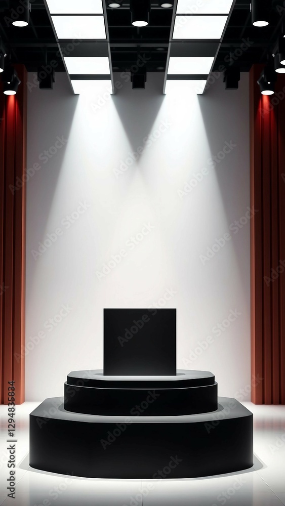 Poster luxury geometric black podium stage stand on light platform showcase 3d background with empty show p