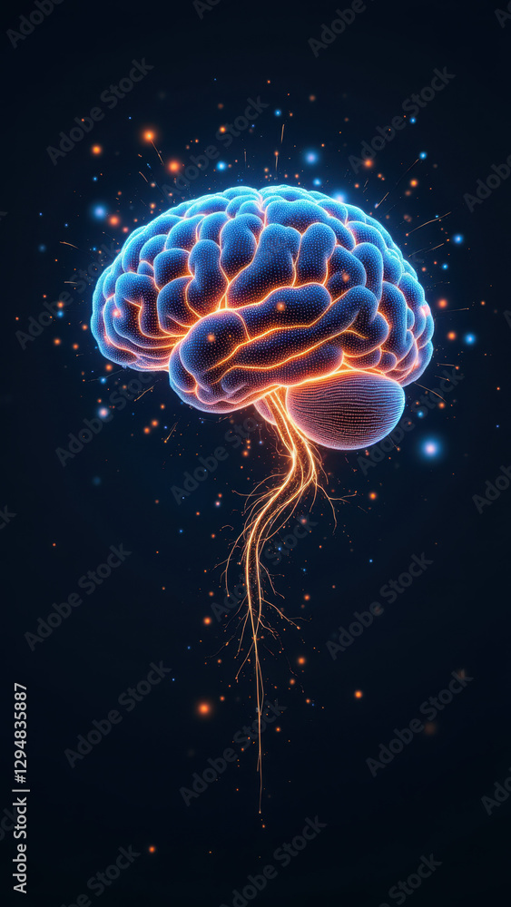 Poster an animated brain with roots and light particles, symbolizing artificial general intelligence or agi