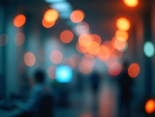 Blurred office interior with orange bokeh lights creating warm atmosphere