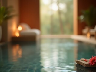 Relaxing luxury spa area with floating flower and soft bokeh background