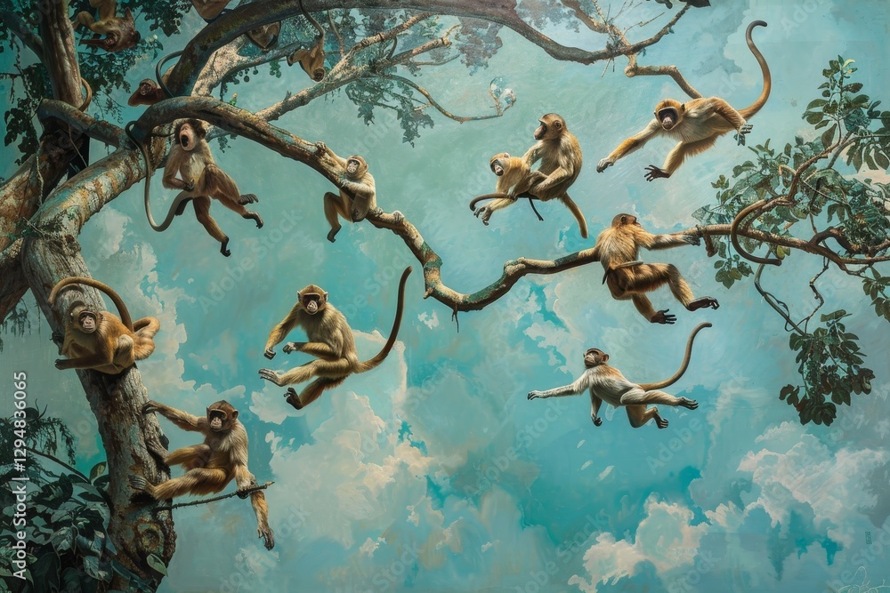 Poster a group of monkeys swing and play in the branches of a lush tree against a cloudy sky, a playful tro